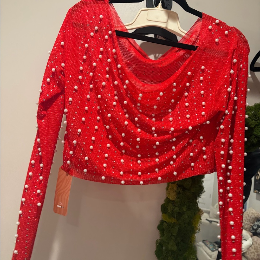 SHEIN Red Pearl-Studded Crop Top